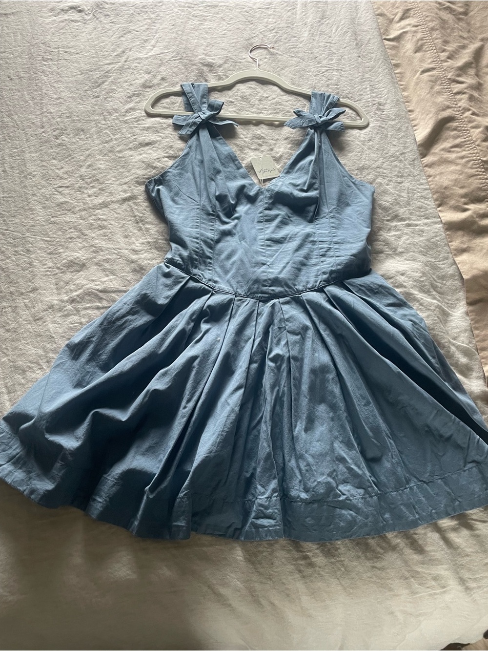 Free People Light Blue Bow Shoulder Fit-and-Flare Dress